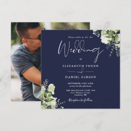 Convites Casamento Floral Foto Quadrada Verde Azul Marinho