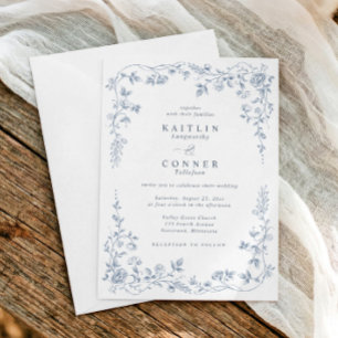 Convites Casamento Floral Francês Azul Empoeirado Vintage E