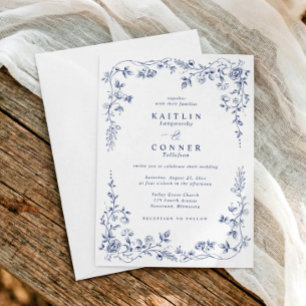 Convites Casamento Floral Francês Azul-Marinho Vintage Eleg