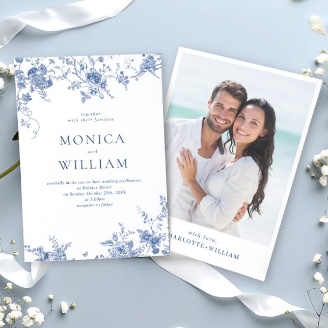Convites Casamento Floral Francês Azul Vitoriano Elegante (Criador carregado)