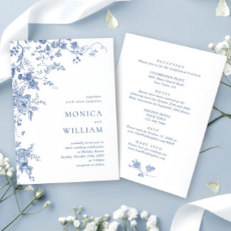 Convites Casamento Floral Francês Azul Vitoriano Elegante