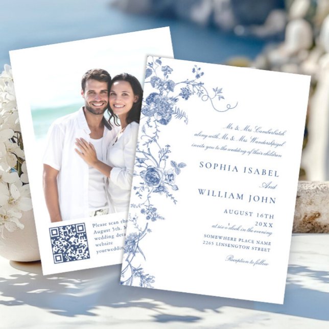 Convites Casamento Floral Francês Azul Vitoriano Elegante (Criador carregado)