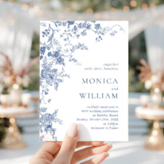 Convites Casamento Floral Francês Azul Vitoriano Elegante
