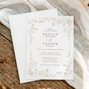 Convites Casamento Floral Francês Bege Vintage em Renda