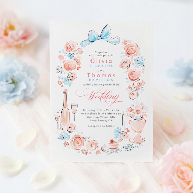 Convites Casamento Floral Francês Caprichoso à Mão (Dusty Blue and Pink Floral Whimsical Wedding Invitation)