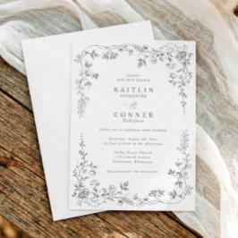 Convites Casamento Floral Francês Cinza Prata Vintage Elega