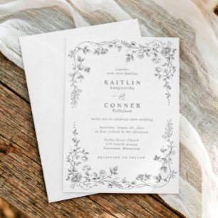 Convites Casamento Floral Francês Cinza Prata Vintage Elega