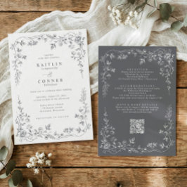 Convites Casamento Floral Francês Cinza Vintage Tudo em Um