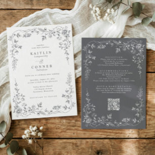 Convites Casamento Floral Francês Cinza Vintage Tudo em Um