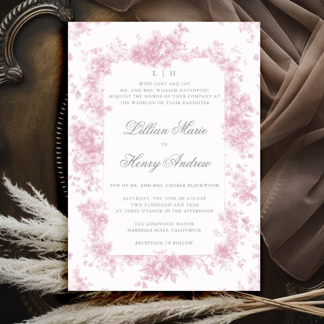 Convites Casamento Floral Francês de Toile Rosa-Rosa-Jardim (vintage garden wedding invitation pink toile french roses floral botanical old money elegant formal)