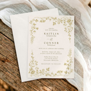 Convites Casamento Floral Francês Elegante em Ouro e Marfim