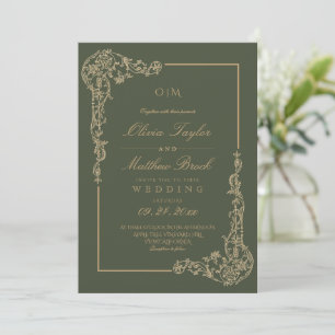 Convites Casamento Floral Francês Elegante em Verde Salvia