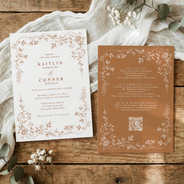 Convites Casamento Floral Francês em Terracota de Cobre Vin (copper floral wedding invitation with romantic Victorian toile de jouy style frame)