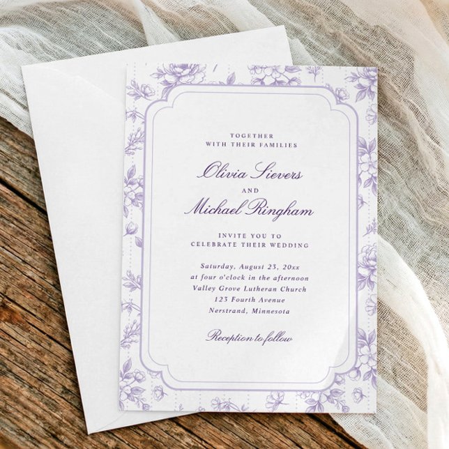Convites Casamento Floral Francês em Tonalidade Lavanda Ant (Lavender wedding invitation with vintage frame and French floral design)