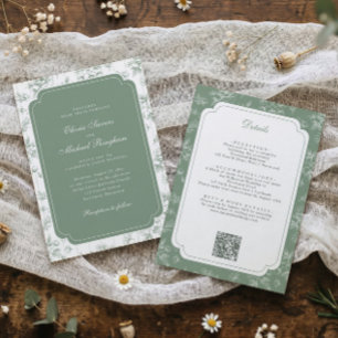 Convites Casamento Floral Francês em Verde Sage Vintage