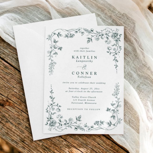 Convites Casamento Floral Francês Esmeralda Vintage (Emerald green vintage French wedding invitation with chinoiserie floral frame and toile style)