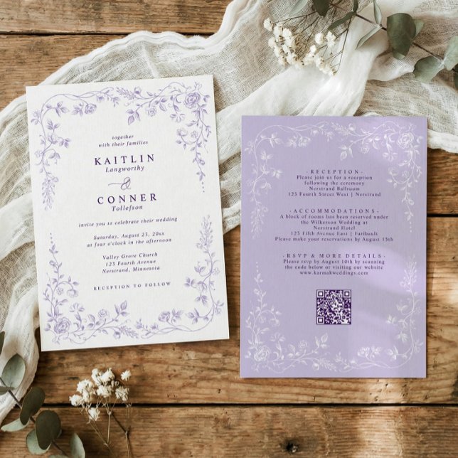 Convites Casamento Floral Francês Lavanda Vintage (Lavender wedding invitation with vintage French chinoiserie floral frame and back details)