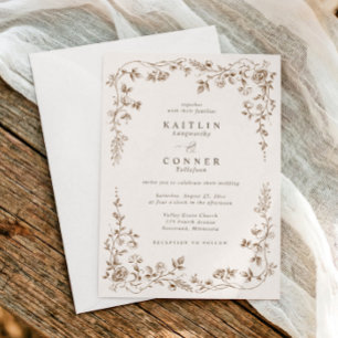 Convites Casamento Floral Francês Marrom e Creme Vintage