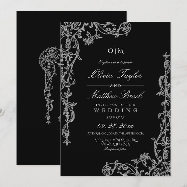 Convites Casamento Floral Francês Preto e Branco (Frente/Verso)