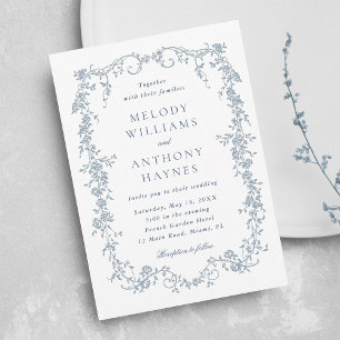 Convites Casamento Floral Francês Romântico Azul Empoeirado
