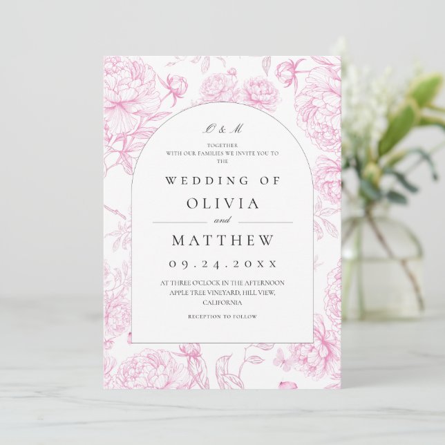 Convites Casamento Floral Francês Rosa Clássico (Em pé/Frente)