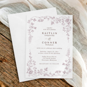 Convites Casamento Floral Francês Rosa Mauve Vintage