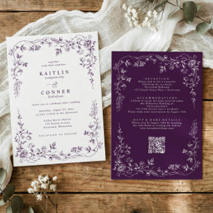 Convites Casamento Floral Francês Roxo Escuro Vintage