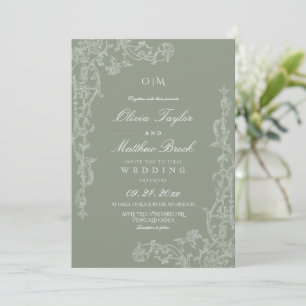 Convites Casamento Floral Francês Verde Oliva Elegante