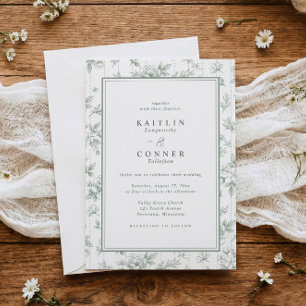 Convites Casamento Floral Francês Verde Salvia Vintage