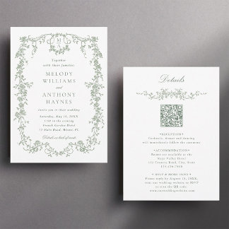 Convites Casamento Floral Francês Verde Tudo em Um Sábio
