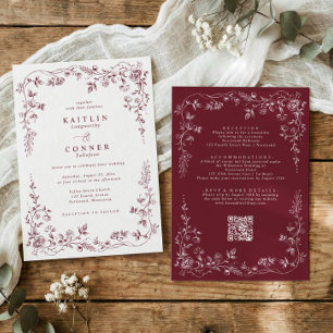 Convites Casamento Floral Francês Vermelho Bordeaux Antigo