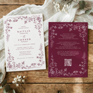 Convites Casamento Floral Francês Vinho Tinto Escuro Vintag