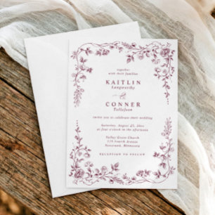 Convites Casamento Floral Francês Vintage Escuro Vinho Tint