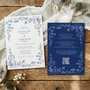 Convites Casamento Floral Francês Vitoriano Azul Marinho Vi