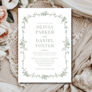 Convites Casamento Floral Francês Vitoriano Verde Sage