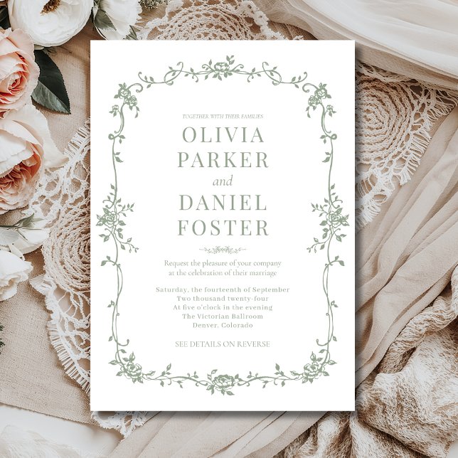 Convites Casamento Floral Francês Vitoriano Verde Sage  (Criador carregado)