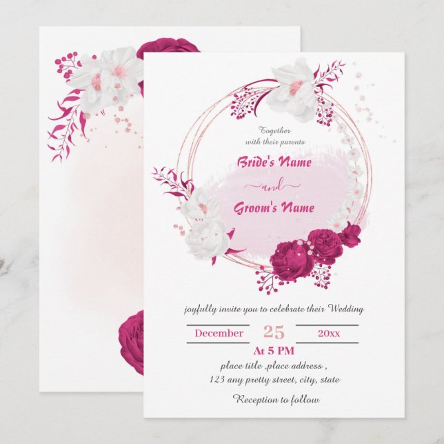 Convites casamento floral fuchsia e branco (Frente/Verso)