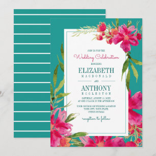 Convites Casamento Floral Fuchsia Turquoise Watercolor