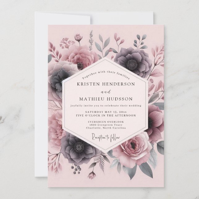 Convites Casamento Floral Fumê Rosa Malva (Frente)