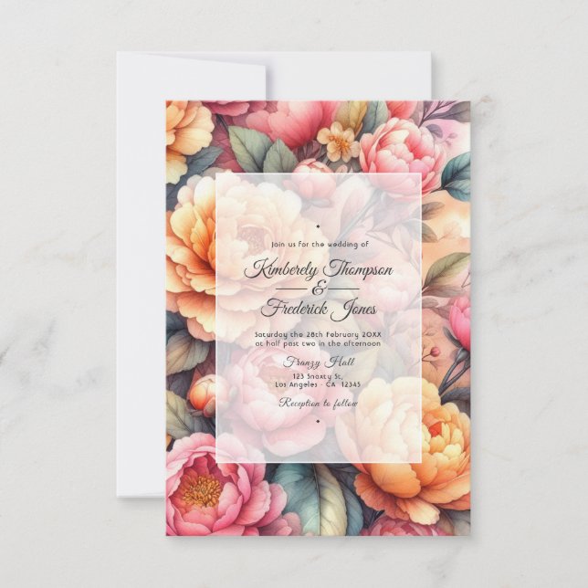 Convites Casamento Floral Fuzz de Pêssego (Frente)