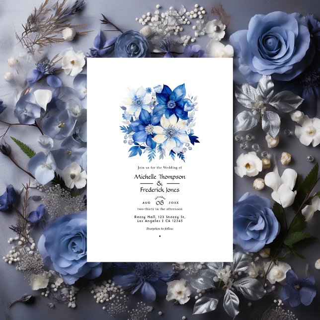 Convites Casamento Floral Galáctico Cobalto e Prata (Criador carregado)
