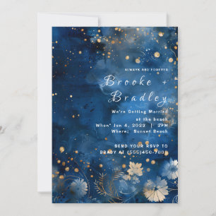 Convites Casamento Floral Galáxia Azul Meia-Noite