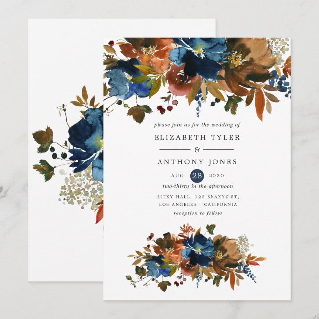 Convites Casamento Floral Gengibre e Azul-Navio (Frente/Verso)