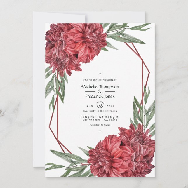 Convites Casamento Floral Geométrico Burgundy e Branco (Frente)