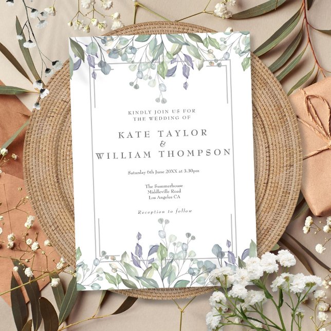 Convites Casamento Floral Geométrico de Salvia e Lilás (Sage And Lilac Floral Geometric Wedding Invitation)