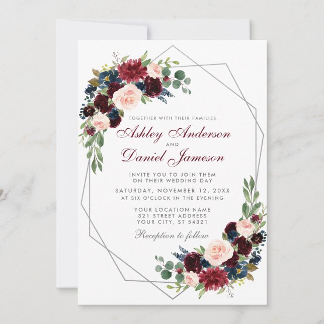 Convites Casamento Floral Geométrico de Silver Blue Burgund (Frente)