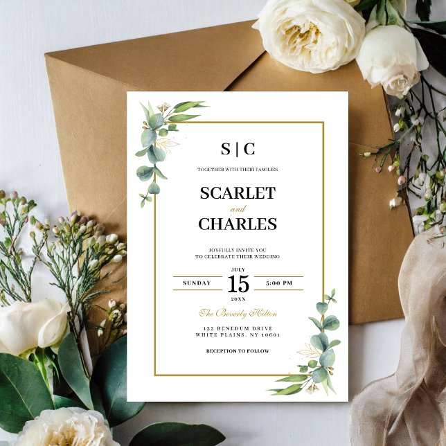 Convites Casamento Floral Geométrico de Verdura de Eucalipt (Eucalyptus greenery geometric invitation welcomes guests with modern botanical elegance.)