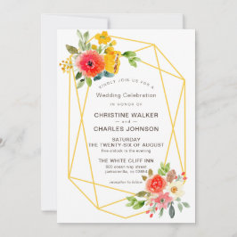 Convites Casamento Floral Geométrico Dourado Moderno de Pri