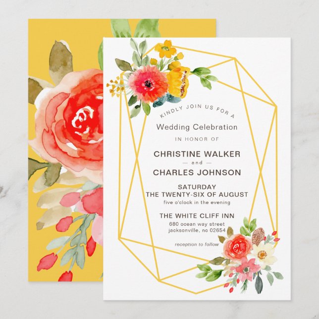 Convites Casamento Floral Geométrico Dourado Moderno de Pri (Frente/Verso)
