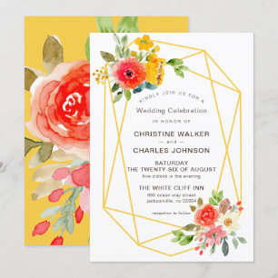 Convites Casamento Floral Geométrico Dourado Moderno de Pri